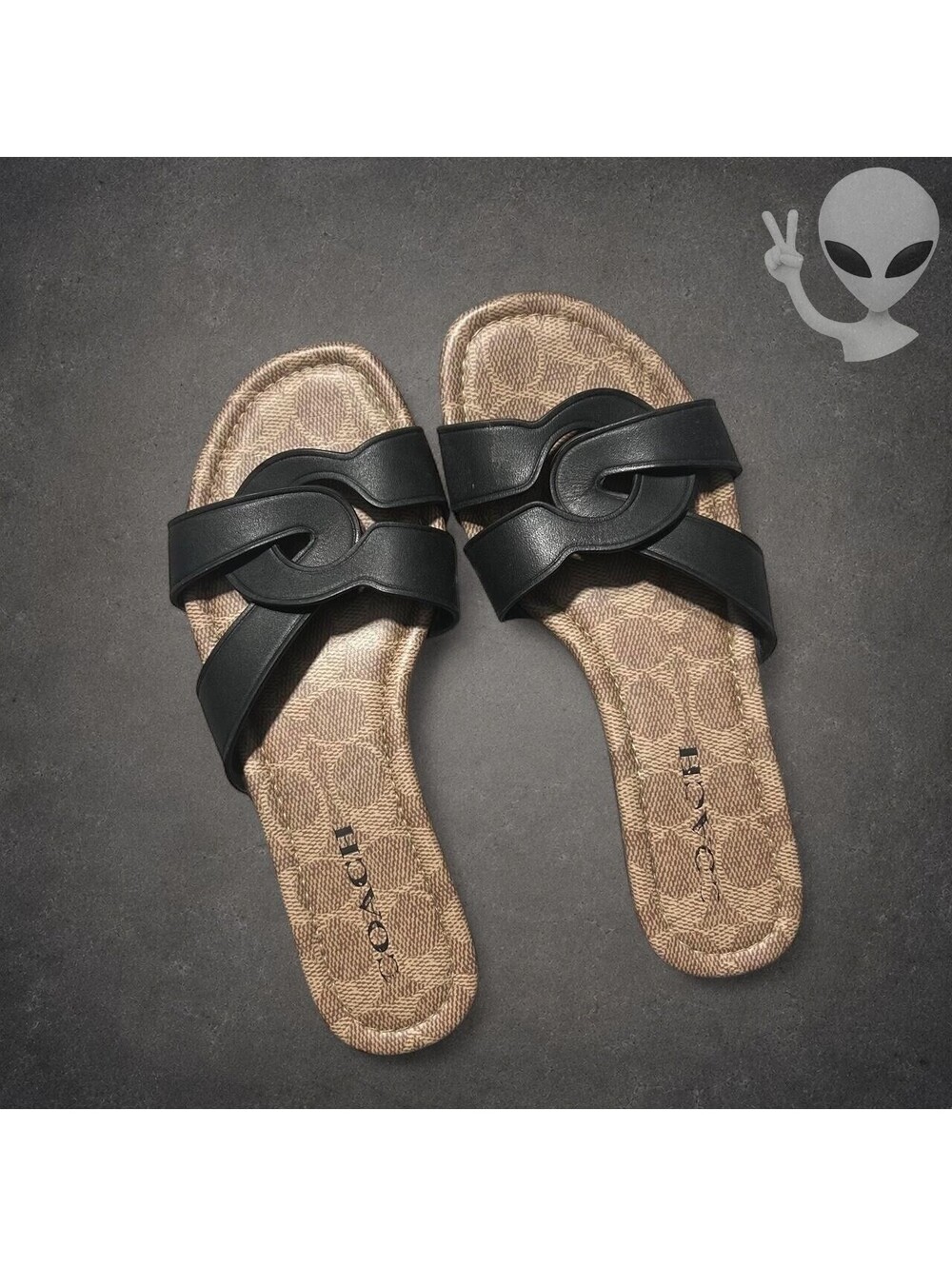 Coach Essie C2310 Women's US 6 Black Leather Interlocking Strap Slide Sandals